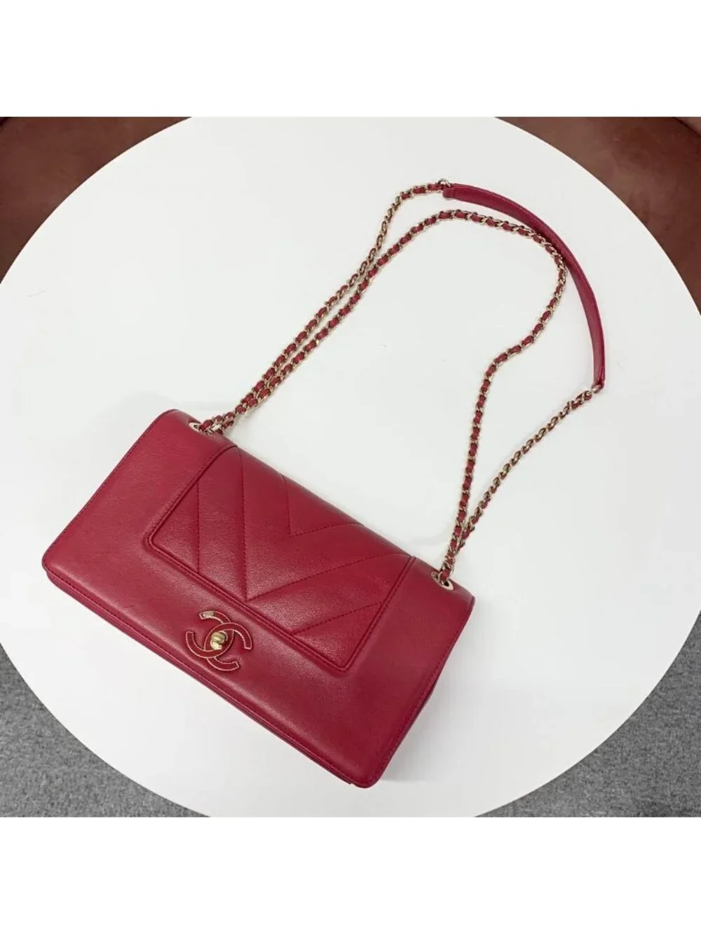 Chanel V Stitch Lambskin Turnlock Shoulder Bag